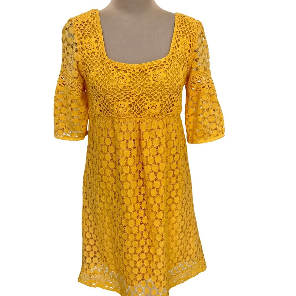 Crocheted Lace Boho Dress Empire Waist Elbow Regency Festival Hippie Bridgerton